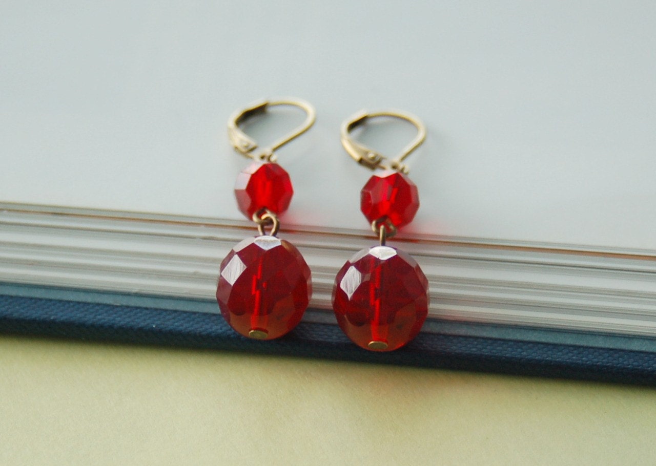 SALE - Ruby Garden Earrings, Red Faceted Glass