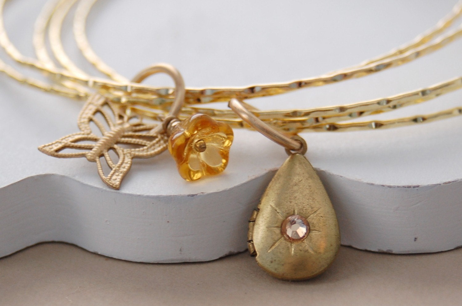SALE - Moroccan Trinkets Bangle - vintage teardrop locket in brass