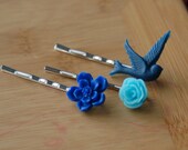 Shades of Blue Bobby Pins - Flowers and Bird