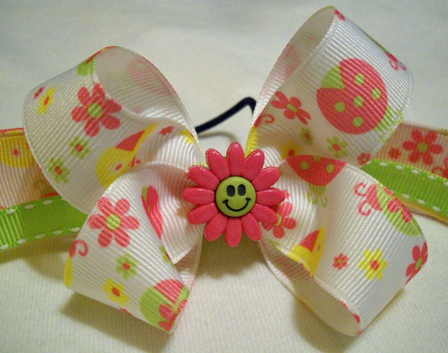 Pink and Green Ladybug Hairbow Ponytail Holder