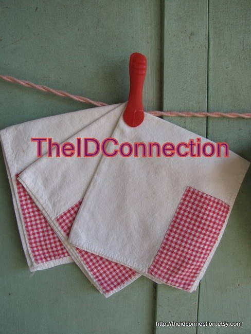 Vintage Picnic Basket Napkins, Red, White and Blue, Patriotic, Red Checks, Blue Squares, Hand Stitched, Folk Art, Primatives, Collectibles