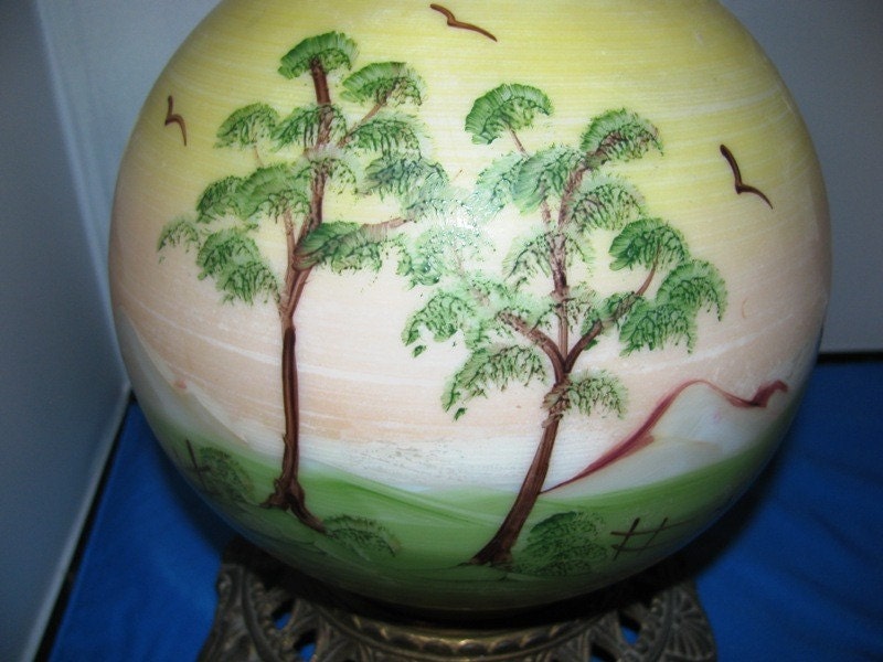 Antique Light 1920's Vintage Hurricane Lamp, Willow Trees, Mountains, Birds, Rolling hills, retro 20's hand painting artwork Glass Globe
