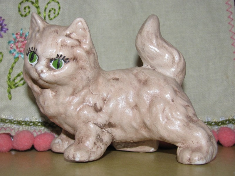 Vintage Cream Calico Kitten Green Eyes, Miss Kitty, Cat, Kitten, Meow purrrfect Pet Sweet, Cat's Meow, Ceramic Feline