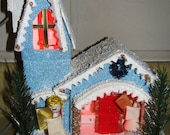 Vintage 1960's Mica Putz Church, Chaple, Lighted, Choir Angles, Pine Trees, Snow X-Mas Village, retro 60's Holiday  Nostalgic Americana