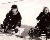 Photograph B&W photo Feb 1944 American Children sledding snow, X-mas sleds 1940's Child photography Winter  Billy Haines  Mary Jane 10i