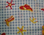 Fabric 1960's  Texana 1 yard cloth Cowboys & Indians , retro 60's design  Spurs, Stetson, Horse Shoe, Sheriff Badge,  Texas style sew Texana