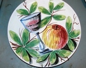 Italian Kitchen decor 1960's Vintage Hand Painted Plate,  Apple,  Wine, Retro 60's  porcelain artwork Made in Italy classic Italia