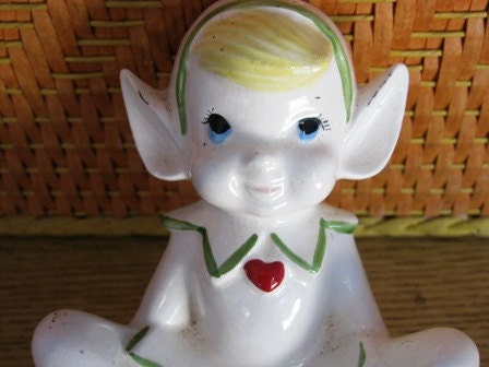 Christmas 1960's Vintage Elf Planter or Vase, Holiday Decor, Pixie, Gnome, Heart, Sweet Little Elf