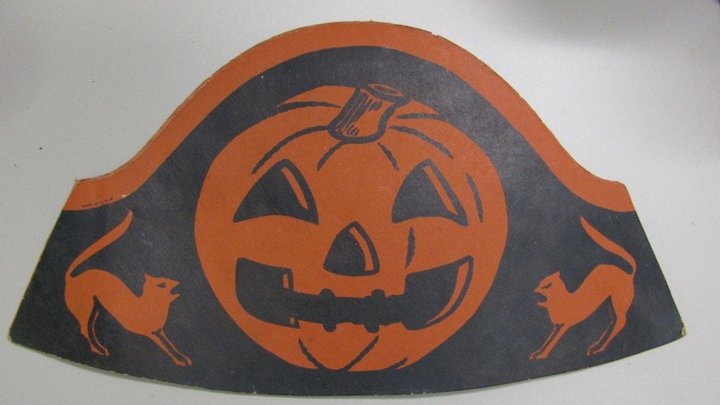 1930's Halloween Party Hat, Dual Sided, Jacko Lantern, Black Cat, Art Deco style Holiday Decor Full Moon, Black Orange, Classic 30's