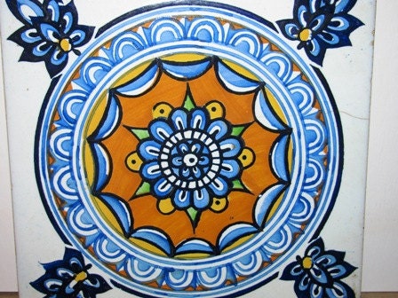 Vintage Tile Hot Plate, Blue, White, Golden Yellow, Delft Like, Cork Bottom 2b