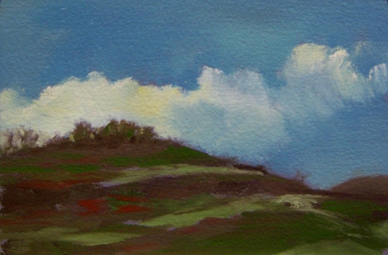 THE RISE, oil painting, 100% charity donation, original painting, 4X6, clouds, trees, atmosphere, sky, hill, horizon