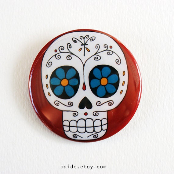 Red  Sugar Skull Day of the Dead Art Button Pin