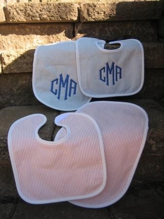 Personalized / Monogrammed Bib and Burp -- Hampton Stripe Pink and Blue with Natural Trim