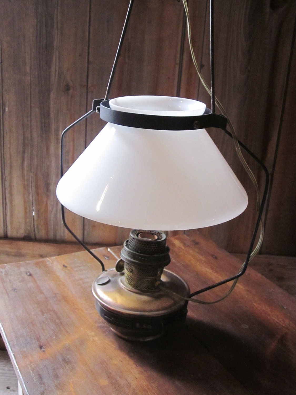 Aladdin Brass Ceiling Light with Original Milk Glass Shade