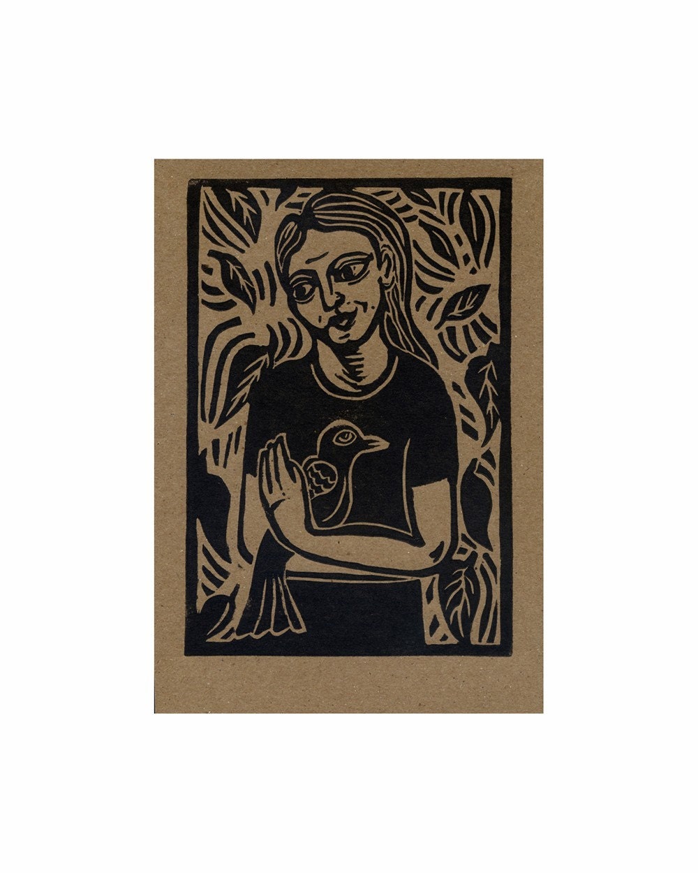 WOMAN WITH BIRD original linocut card