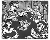 AROUND THE TABLE original linocut