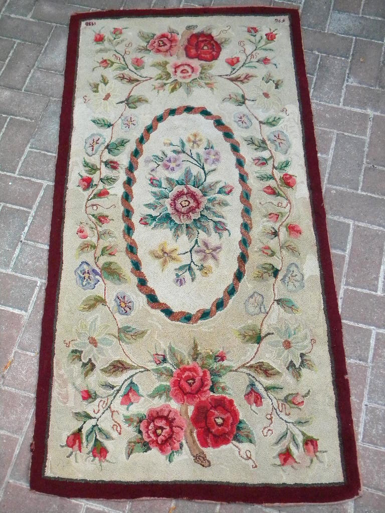 Reserved for Laurie-Antique 1930 Large Hand Hooked Wool Rug Signed and Dated