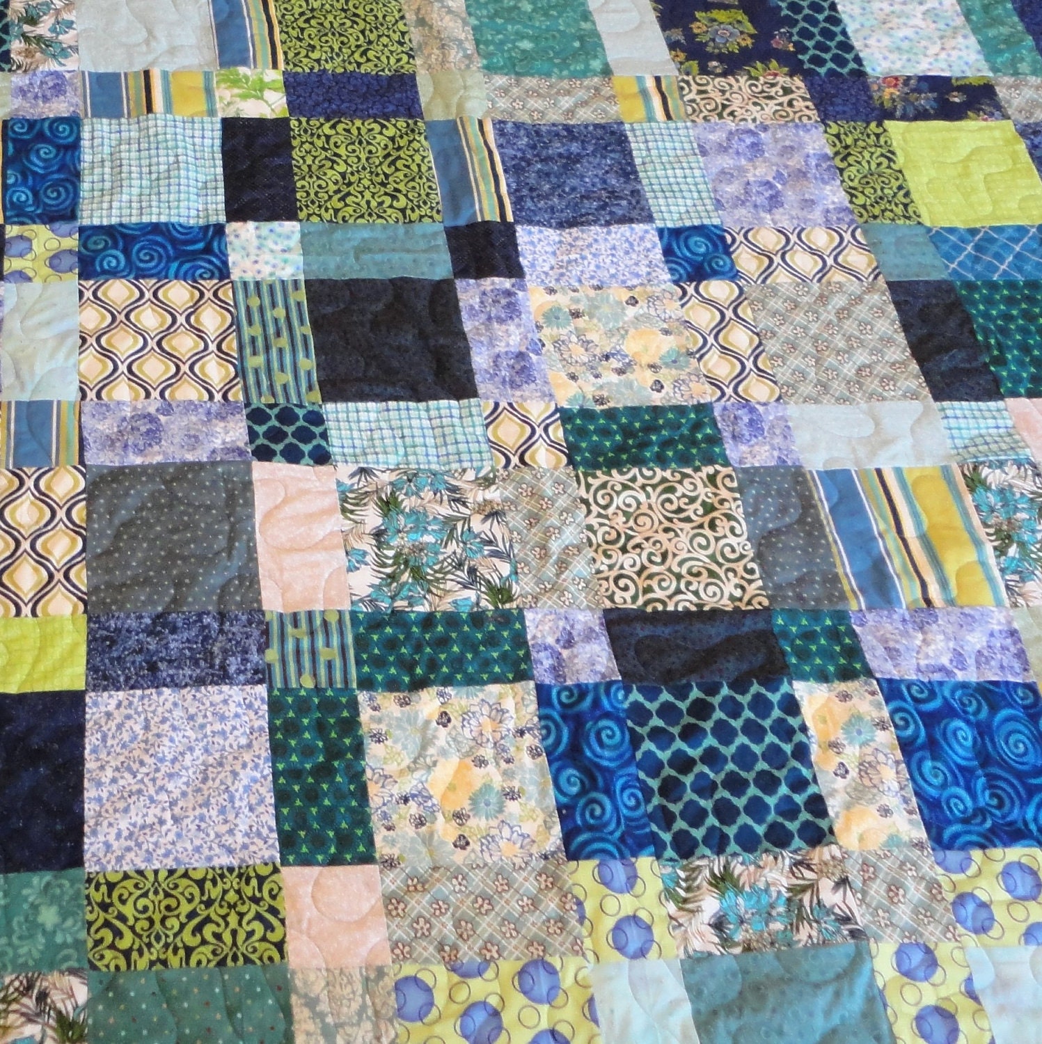 King size navy. lime green and turquoise quilt