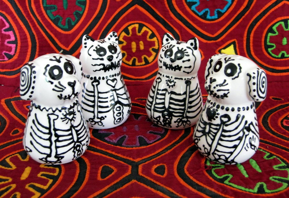 Dog and Cat Skeleton Salt & Pepper Shakers for Day of the Dead and All Year Long