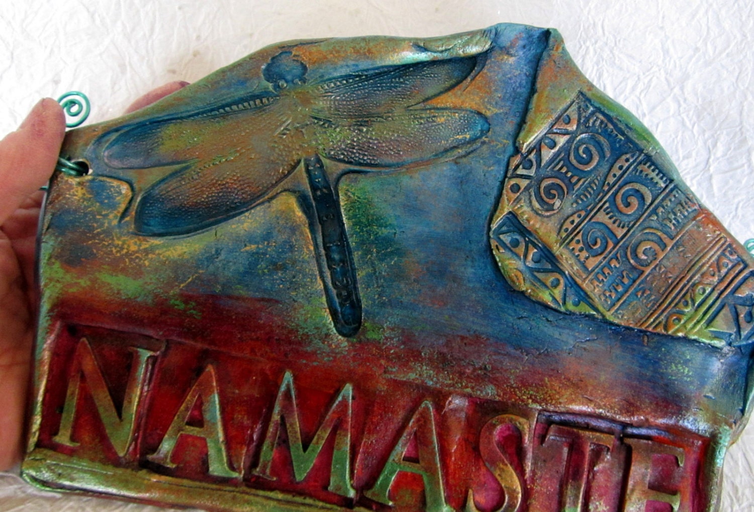 Dragonfly Namaste Ceramic Wall Hanging Handpainted in Shimmering Teal, Red and Green