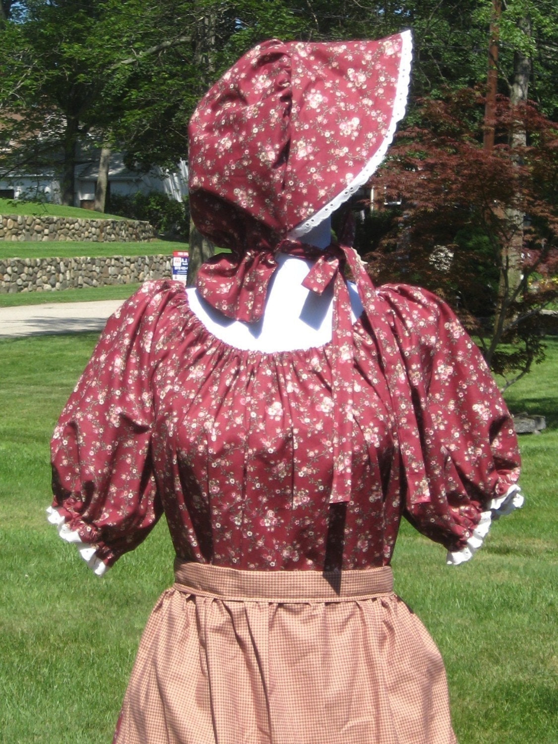 Ladies Pioneer Prairie Colonial Civil War Dress Set Bonnet Apron Costume