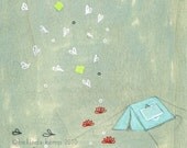 blue tent with red flowers . limited edition archival fine art giclee print