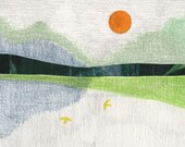 full moon with yellow birds . archival fine art print giclee print