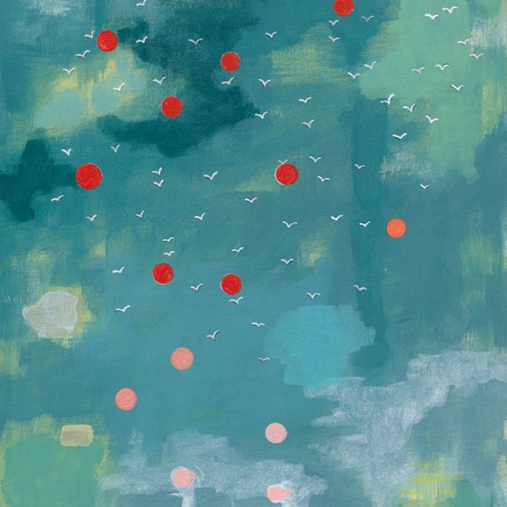 archival fine art giclee print . semi abstract landscape . birds