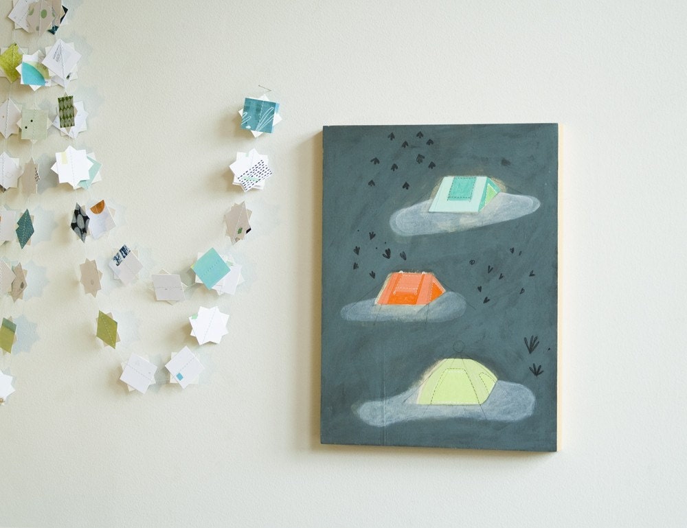 original mixed media painting on wood . ready to hang . OOAK . 3 tents