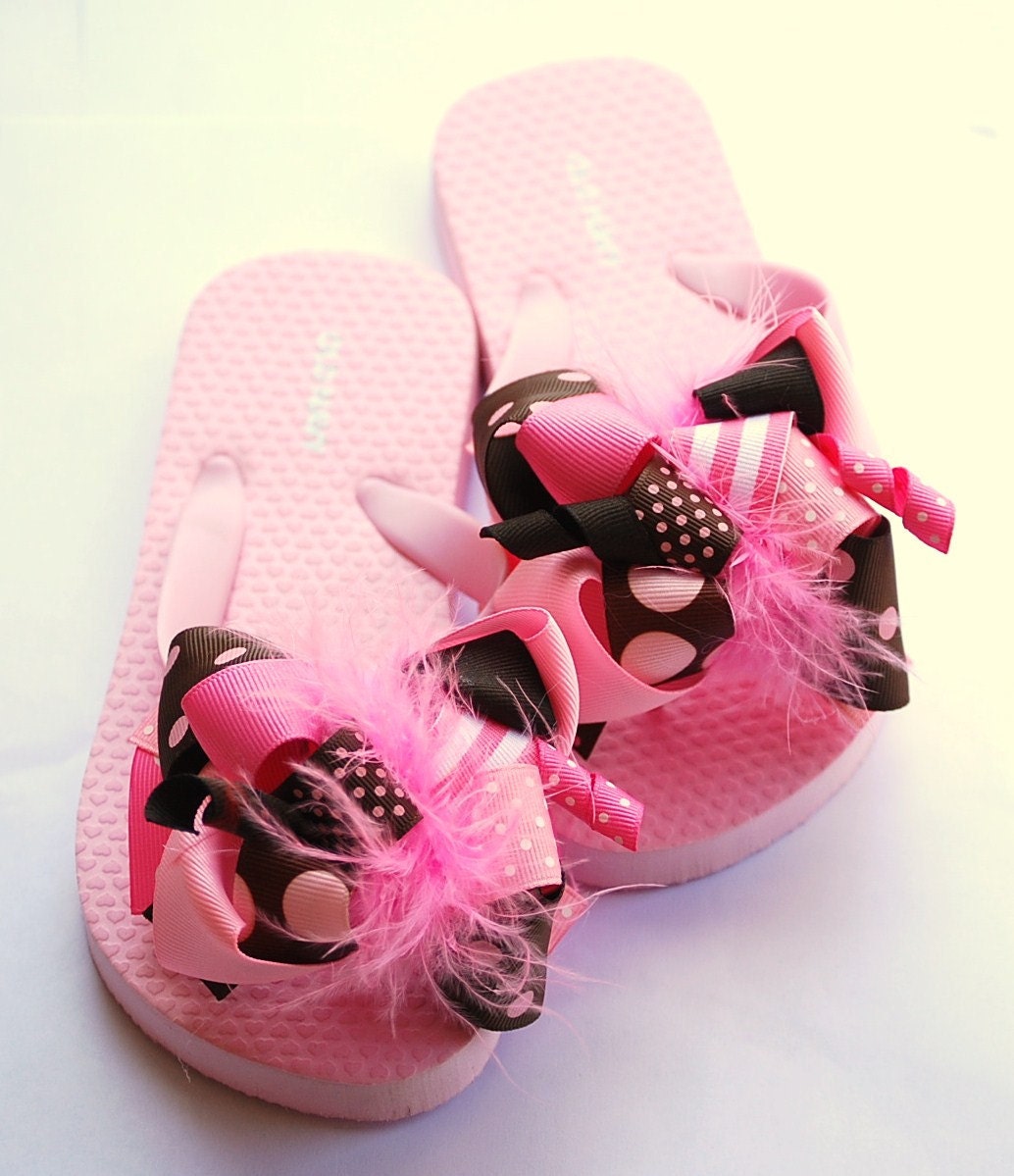 boutique FUNKY fun PINK and BROWN bow flip flops