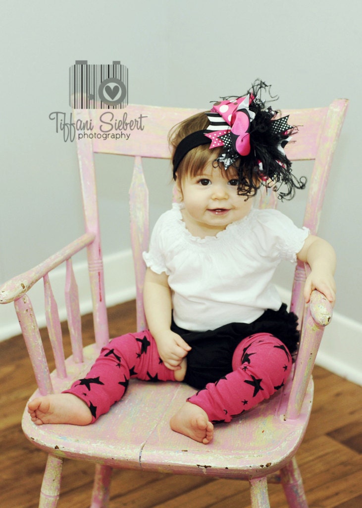 boutique SHOCKING PINK and BLACK over the top hair bow with headband