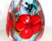 Handmade Lampwork Bead Red Scarlet Baby Blue Mint Green Floral Flowers Goldstone Vines Murrini Artisan Glass SRA -- Leaving No Doubt