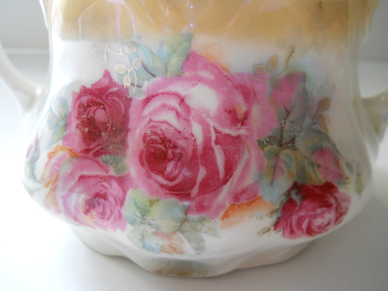 antique pink roses shabby covered sugar bowl with embossing and touches of gold work germany