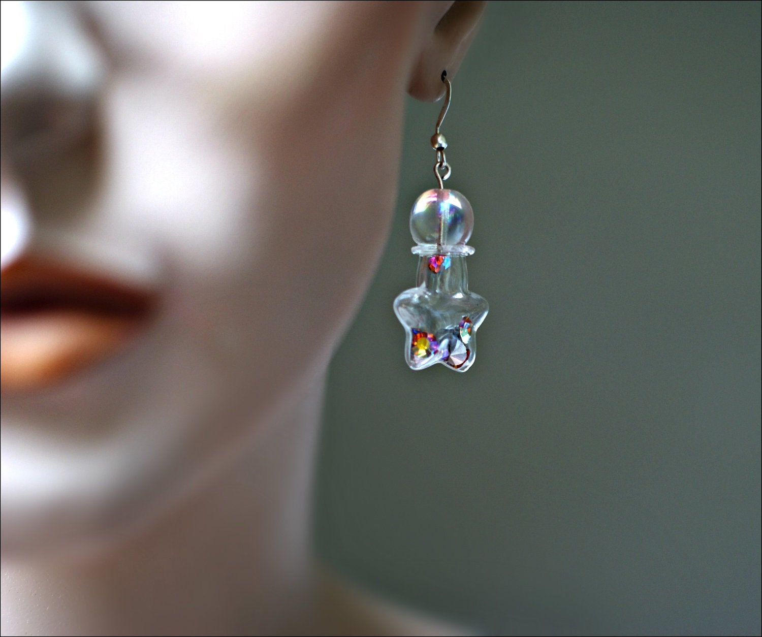 Mismatched Glass Bottle Earrings - Star & Square - Rainbow Crystals