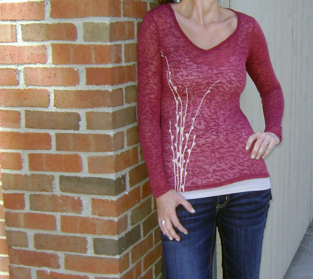 XS, S, M, L, XL, XXL - Twigs Long Sleeved Burnout Tee in Wine