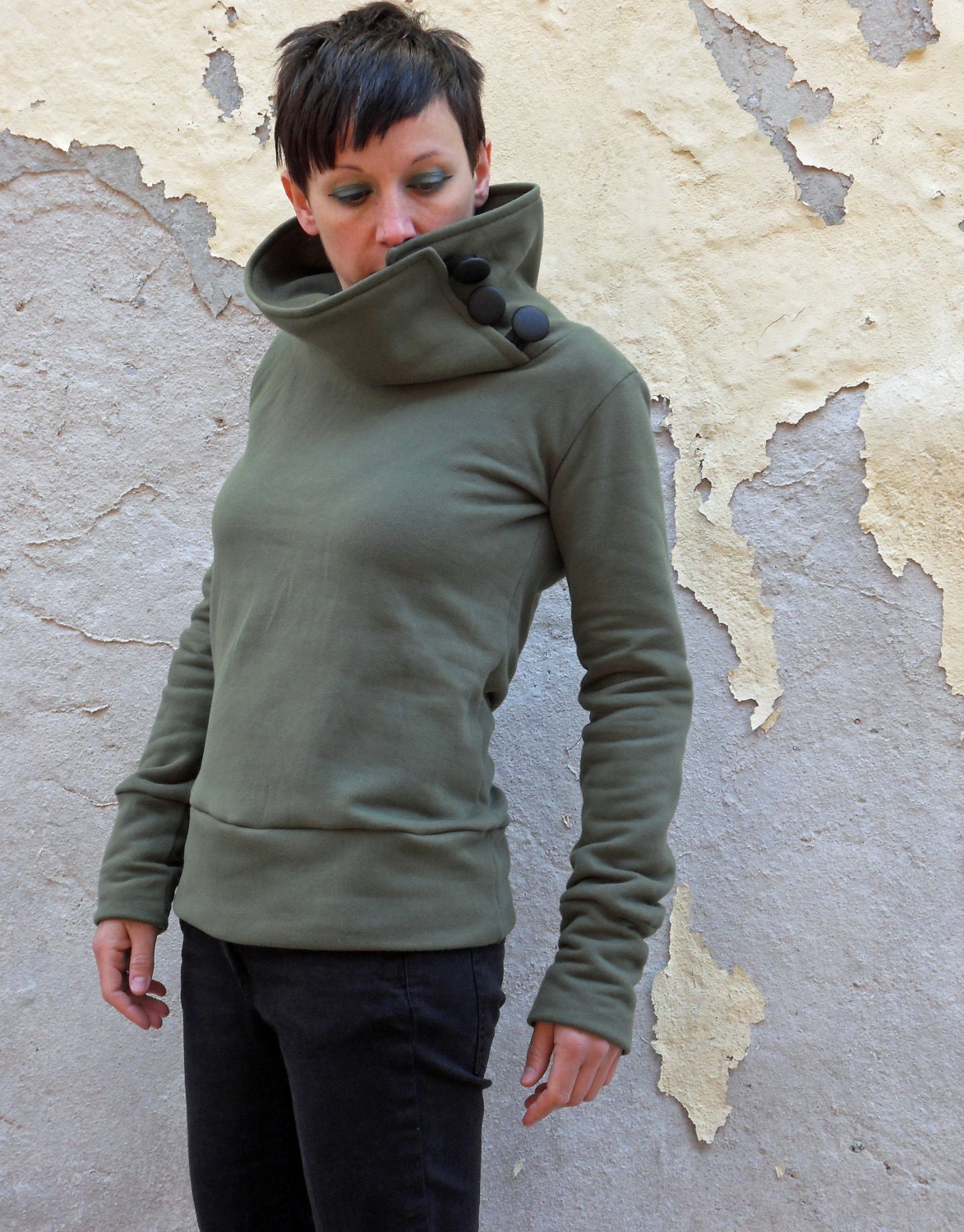 Sweatshirt  with Oversize neck and buttons - from small to xxl- Women