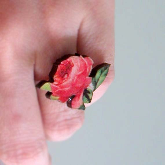 Red Rose Ring - Wooden Adjustable Ring
