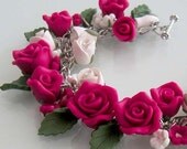 Fuchsia Pink Rose Bracelet - Polymer Clay