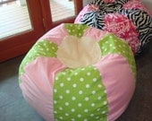 Pink and Green Polka Dot Bean Bag chair with cream chenille top and bottom