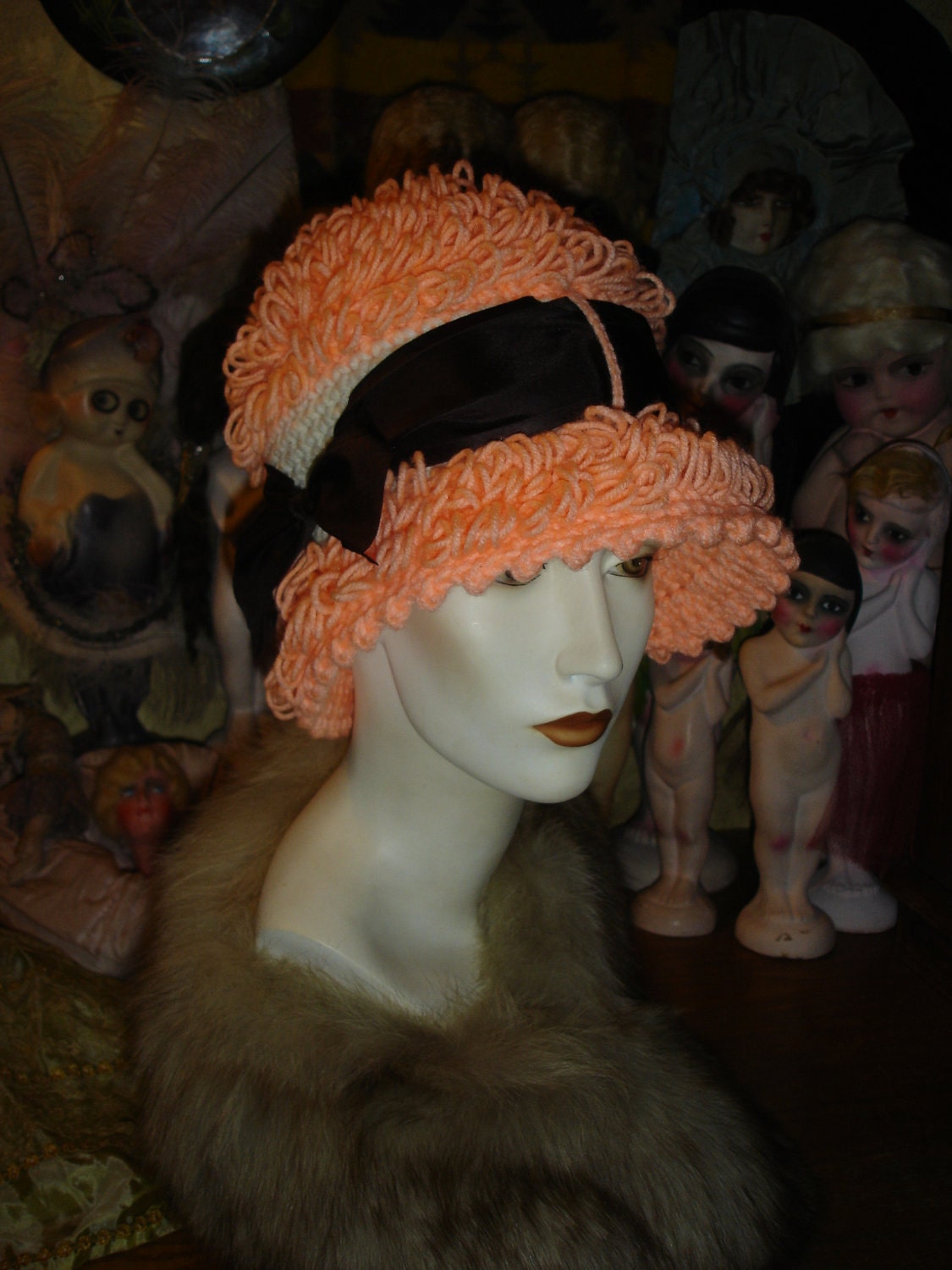Womens Flapper Hat Cloche Crocheted Bright Peach & Ivory Poodle Bucket Style SPECIAL PRICE