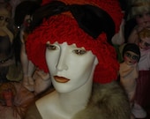 Womens Flapper Hat Cloche Crocheted Red & Orange Poodle Bucket Style SPECIAL PRICE