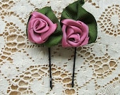 Hair Pins Handmade Ribbon Rose Dusty Rose