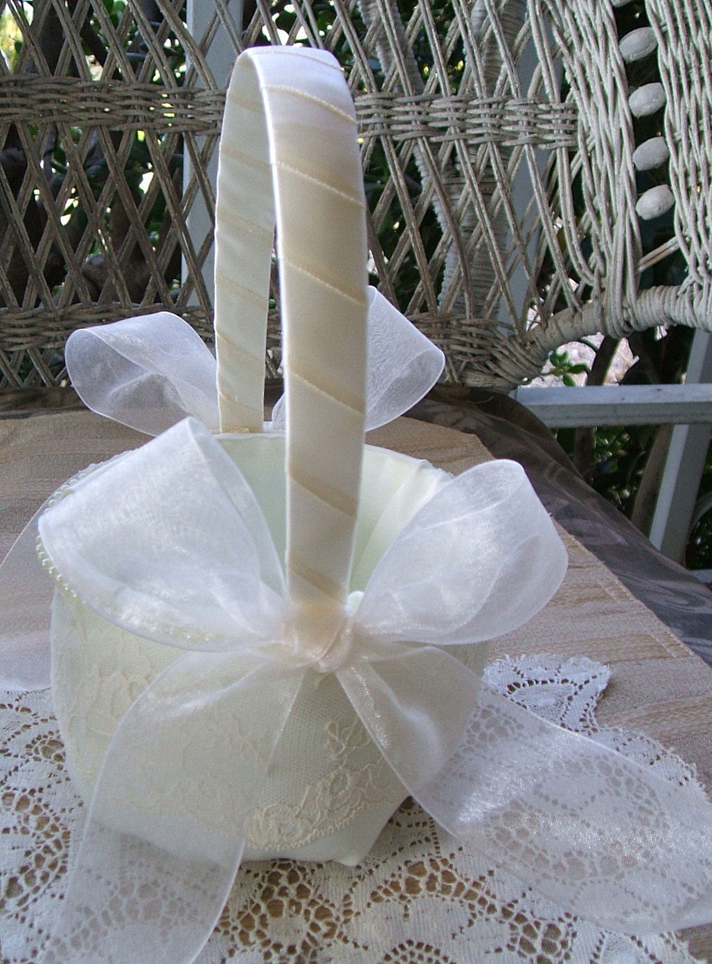Wedding Flower Girl Basket  in White Handmade ORGANZA Flowergirl in Ivory or White