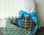 SALE 9 Piece Baby Boy Layette Set....Riley Blake Brown and Teal....bib..burpcloths..washcloths..stroller blanket