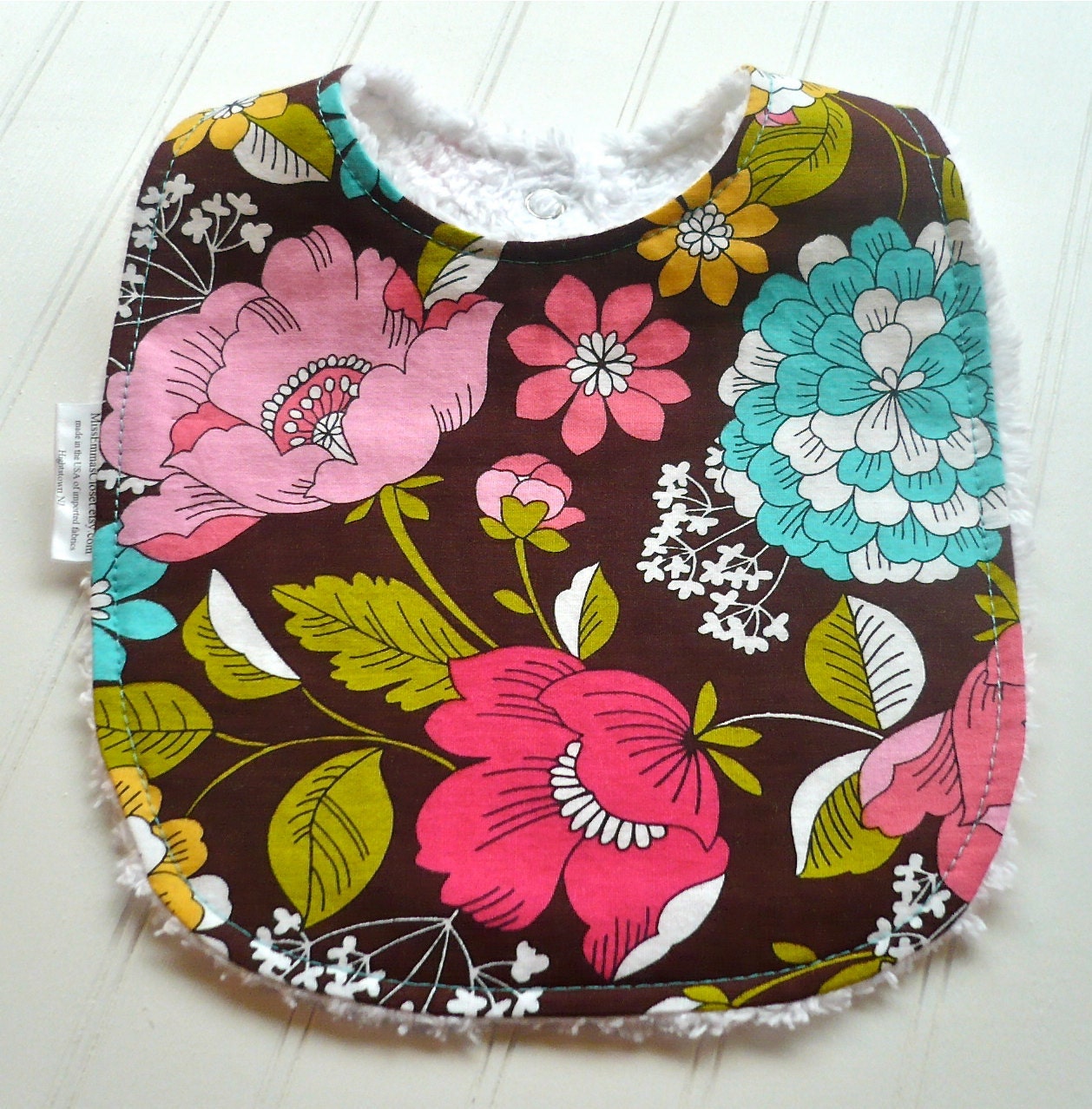Mod Flowers on Chocolate Chenille Bib and Burp Cloth