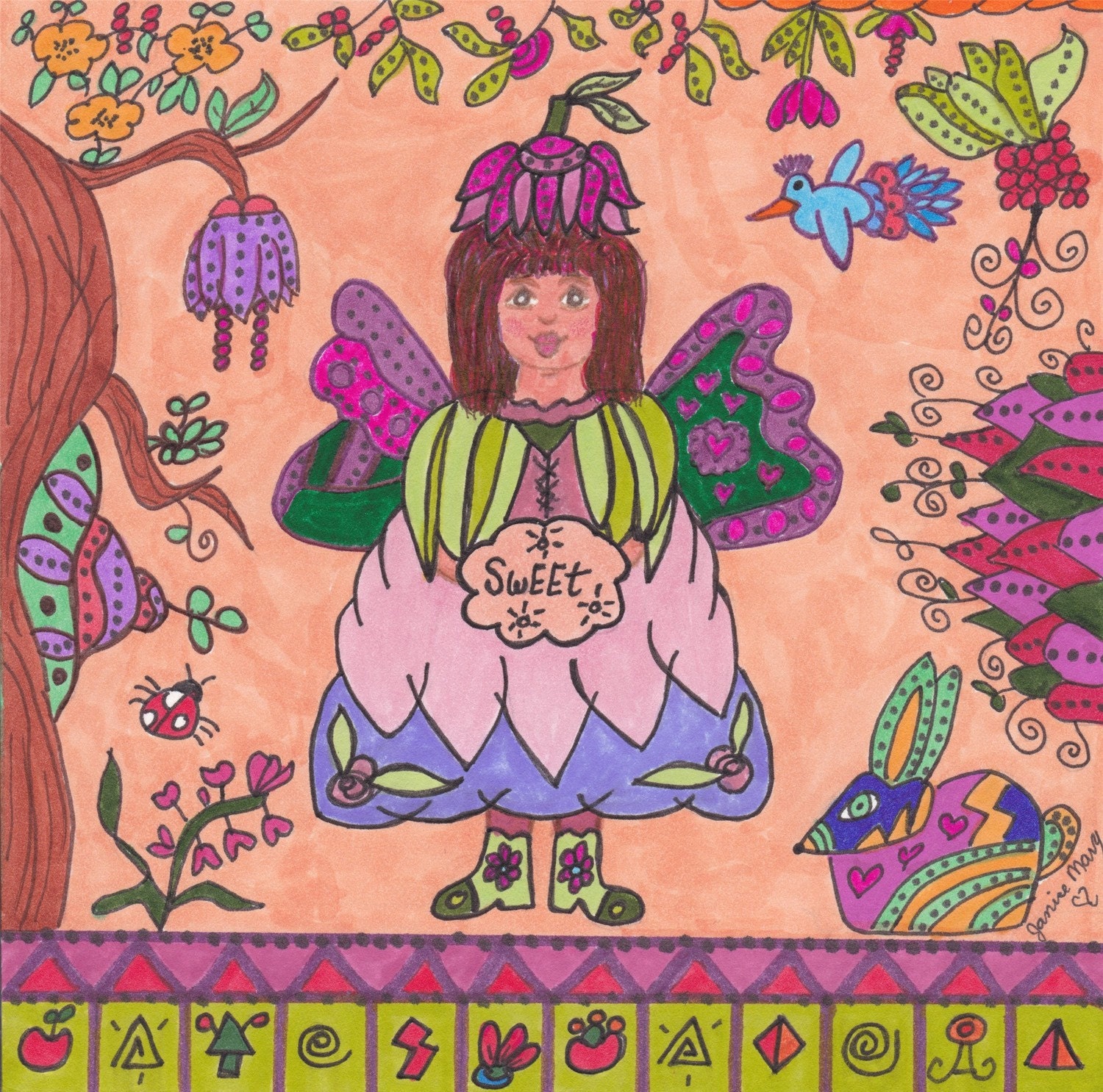 Fairy Print Folk Art Whimsical Sweet, Fairytale, Magic, Fantasy, Pixie, Enchanted, Vibrant Colorful, Flowers, Bird, Bunny Ladybug