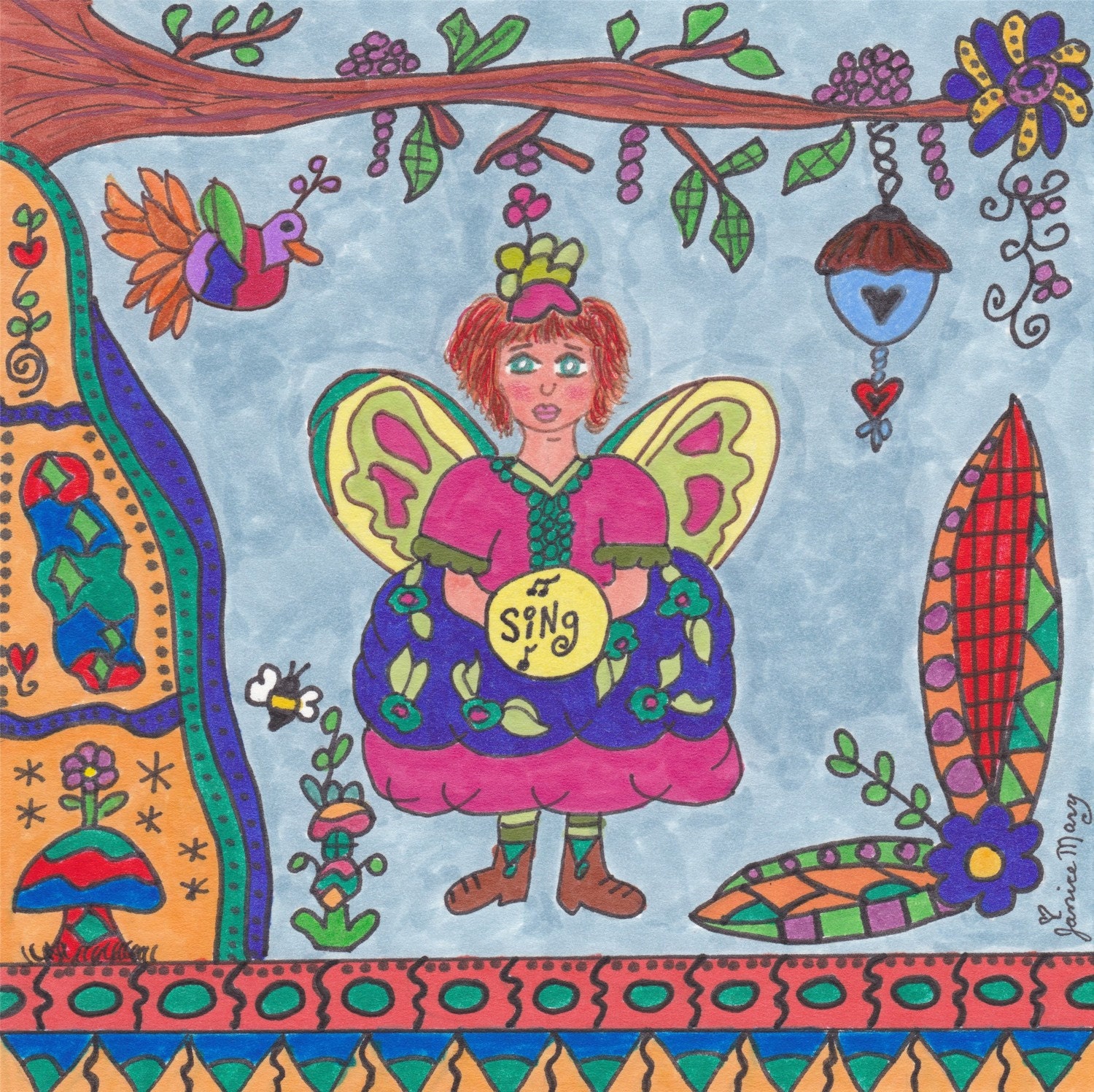 Fairy Print Folk Art Whimsical SING, Enchanted, Fantasy, Fairytale, Magic, Pixie, Vibrant, Colorful, Bumble Bee, Bird House, Flowers