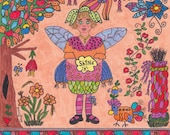 Fairy Print Folk Art Whimsical SHINE, Fantasy, Magic, Enchanted, Vibrant Colors, Bird, Hen, Flowers, Trees, Fairytale, Pixie