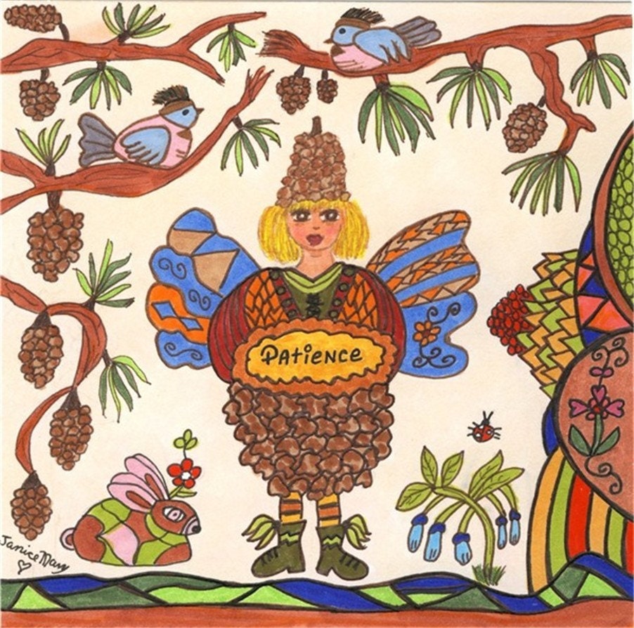 Fairy Print Folk Art Whimsical PATIENCE, Fantasy, Magic, Enchanted, Folkart, Vibrant, Flowers, Fairytale, Birds, Pixie, Ladybug, Bunny