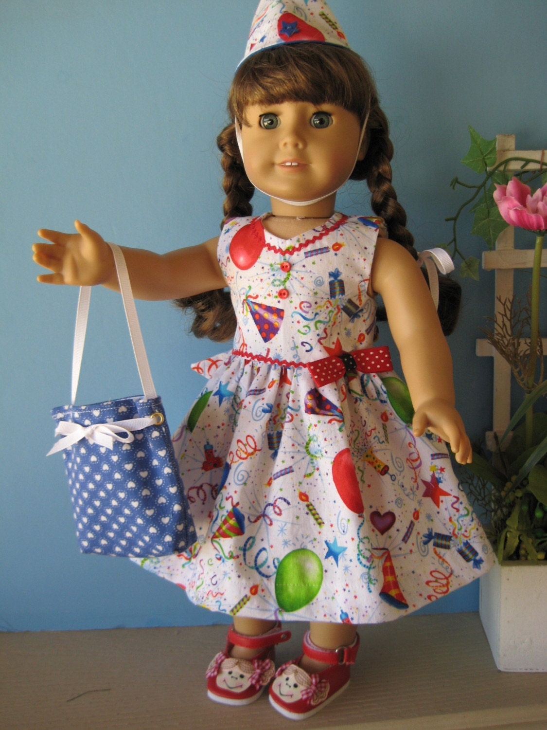 Birthday Party Dress, Hat, Shoes, Gift Bag, Fits American Girl 18 Inch Dolls